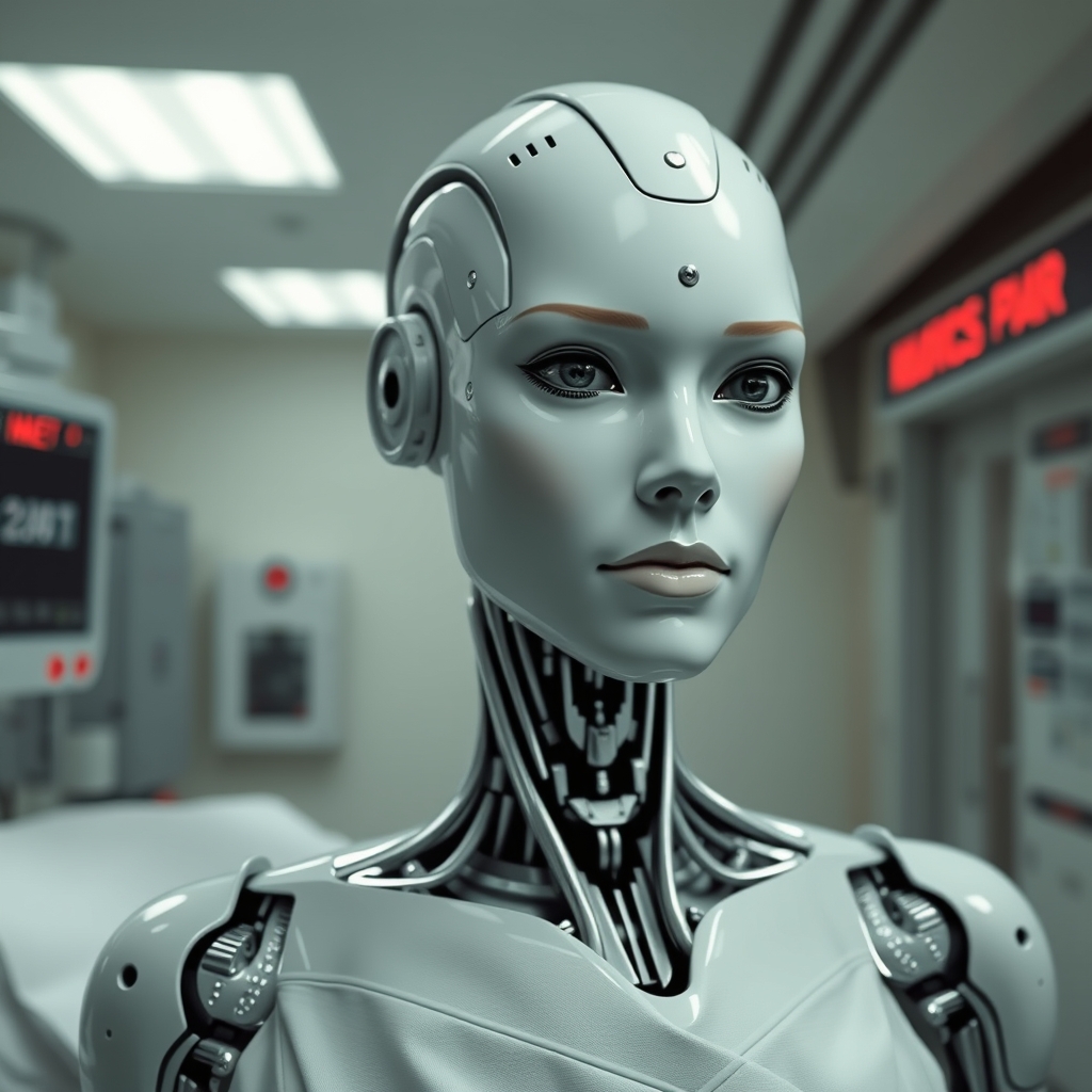 A female droid in a medical room inside a slave processing c