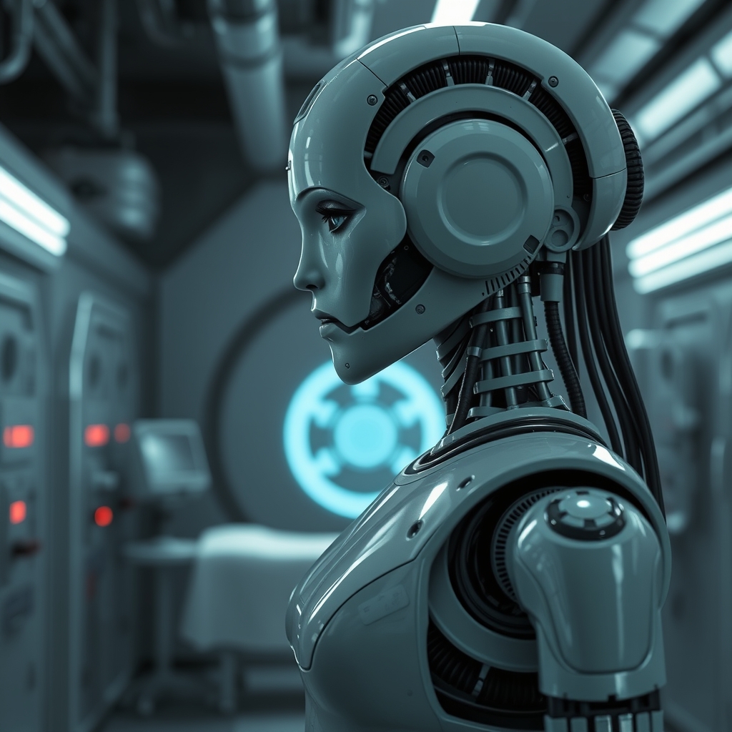 A female droid in a medical room inside a slave processing c