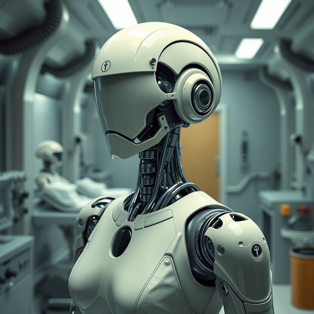 A female droid in a medical room inside a slave processing c