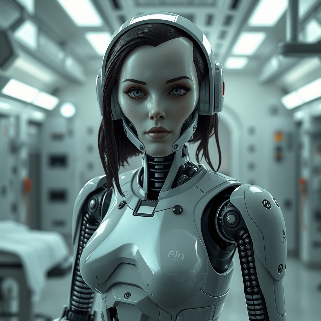 A female droid in a medical room inside a slave processing c
