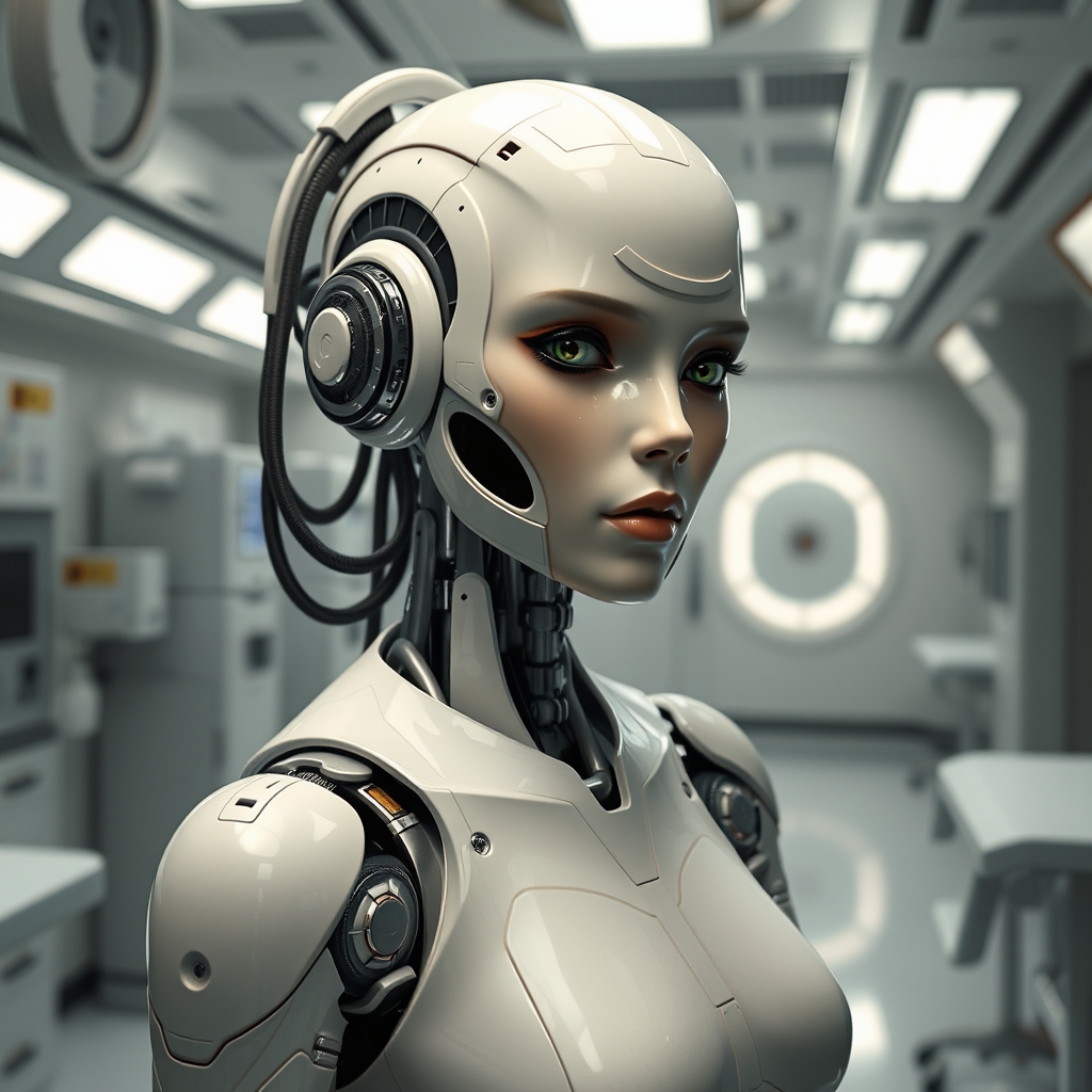 A female droid in a medical room inside a slave processing c
