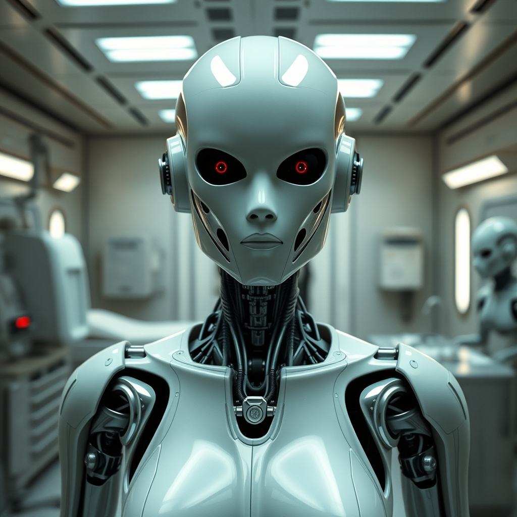 A female droid in a medical room inside a slave processing c