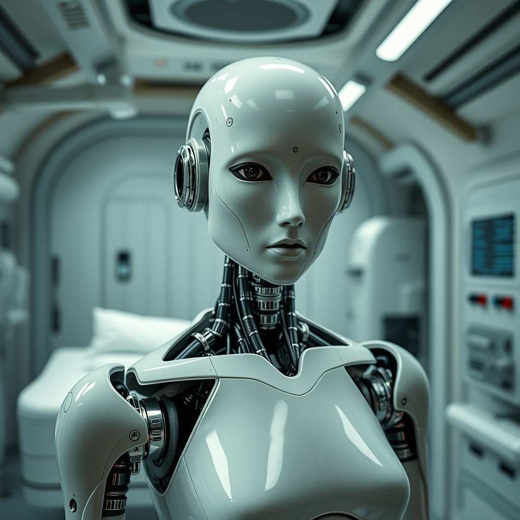 A female droid in a medical room inside a slave processing c