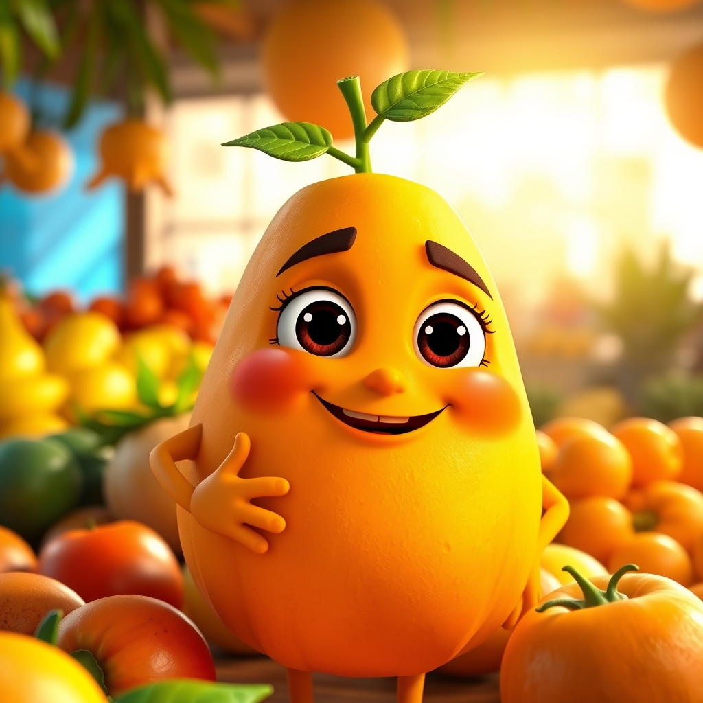 A Pixar-style 3D animated papaya (papita) with a soft orange