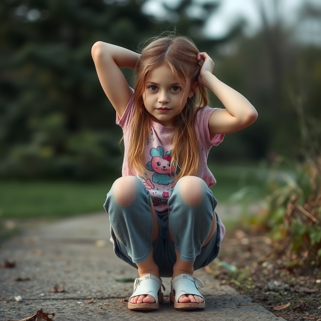 Realistic photograph. A 14-year-old Ukrainian girl. She puts