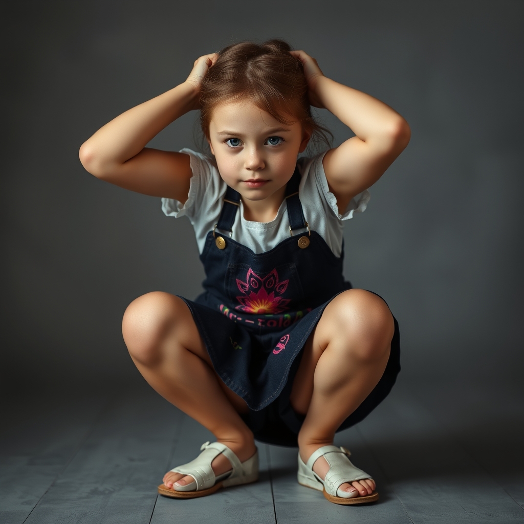 Realistic photograph. A 14-year-old Ukrainian girl. She puts