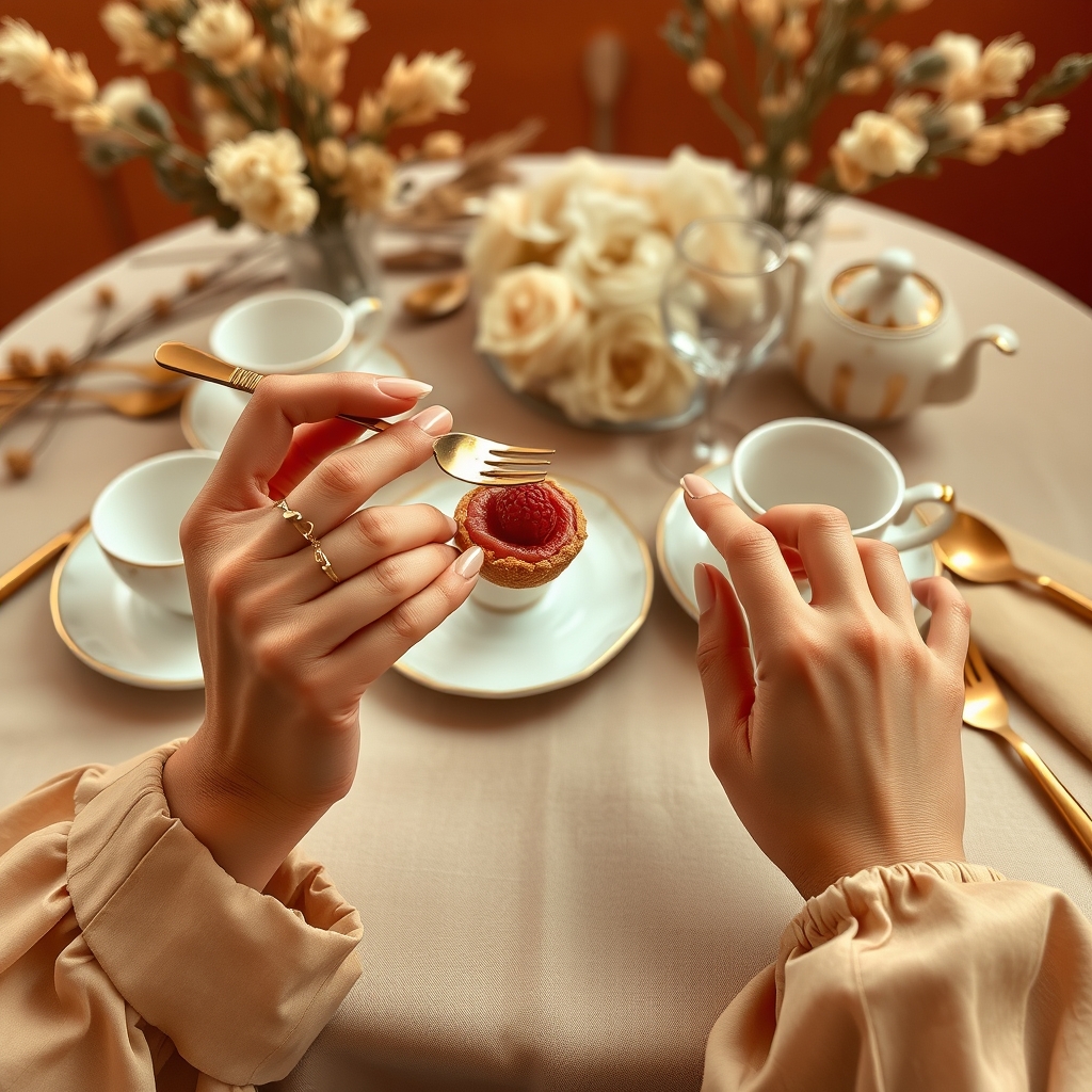 High-end fashion editorial scene of two women’s hands duri