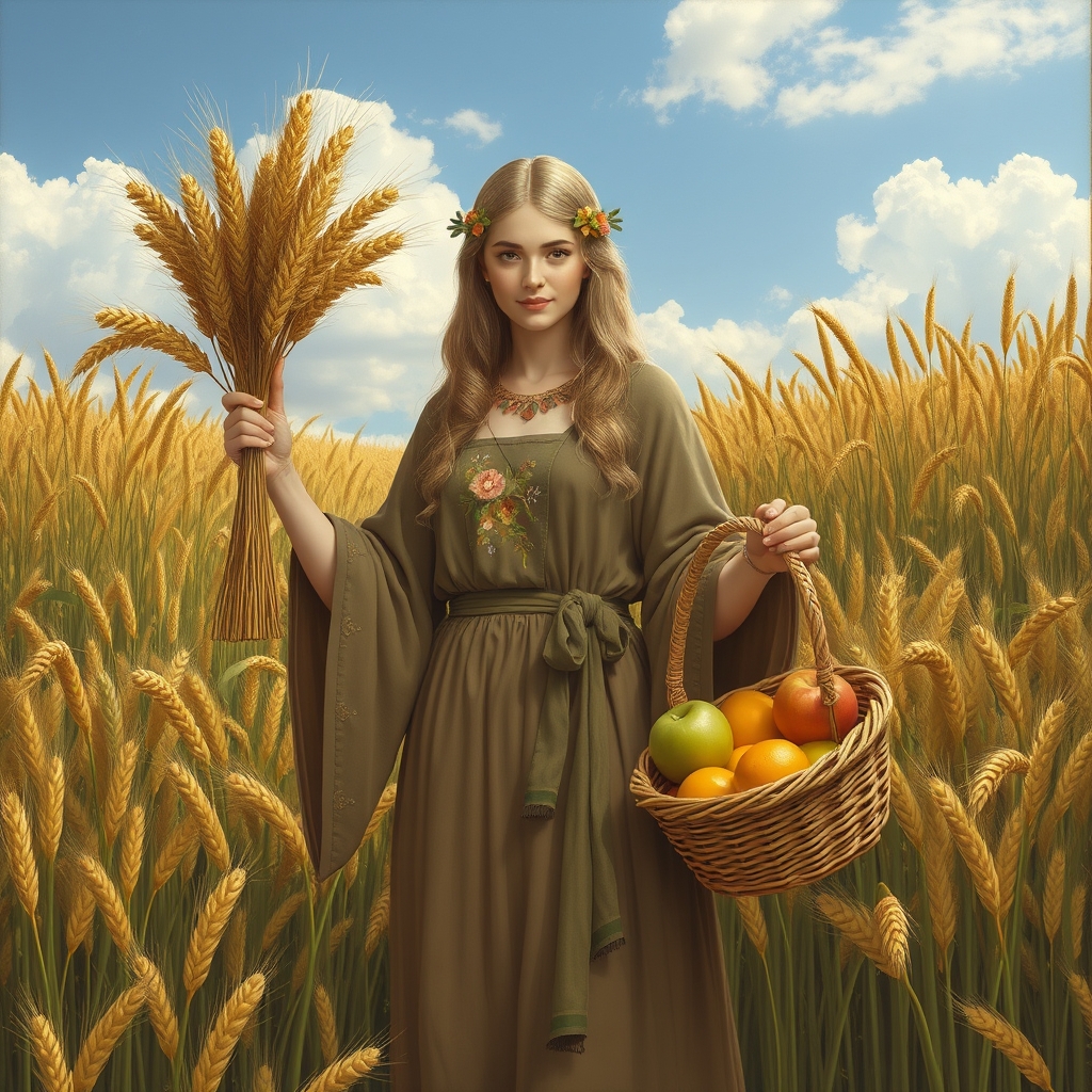 Demeter surrounded by fields of wheat, wearing an earthy bro