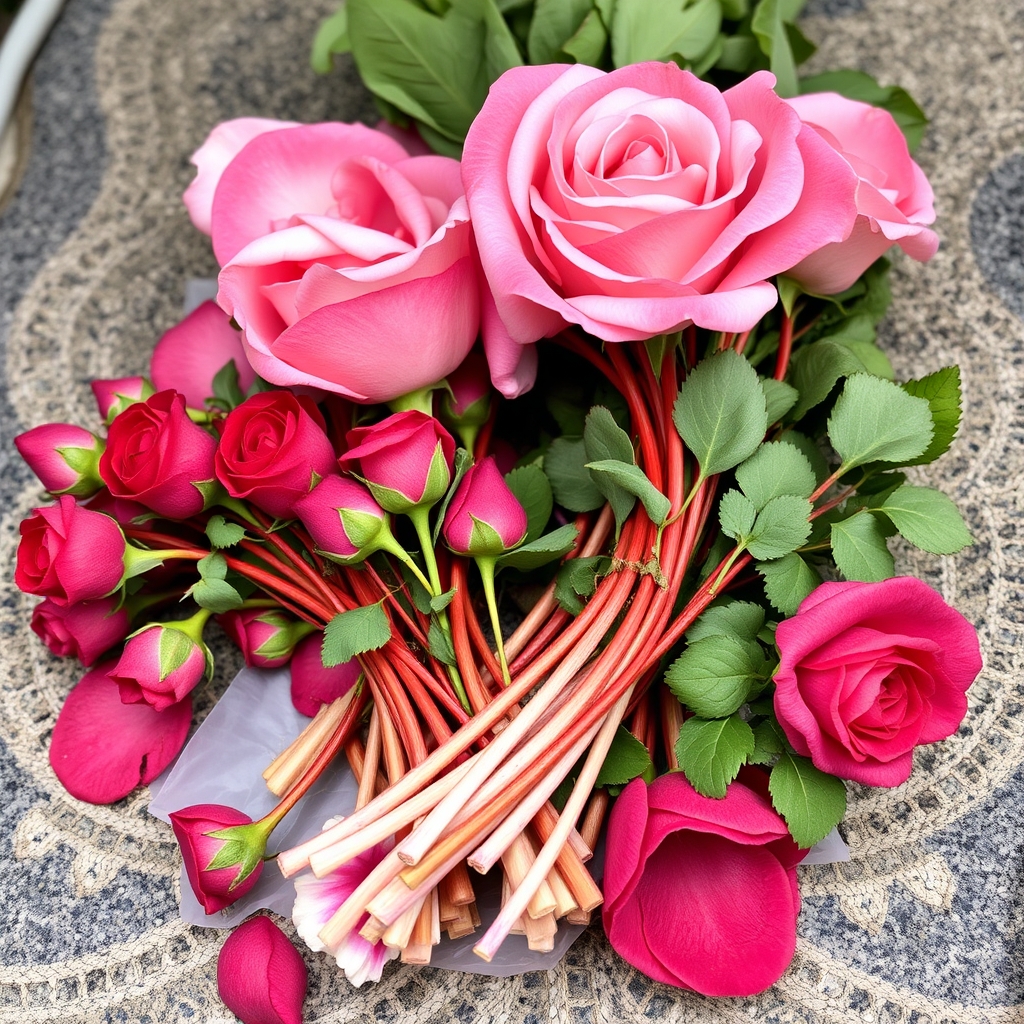 Protesi fatta con rampicanti e rose rosse per una gamba