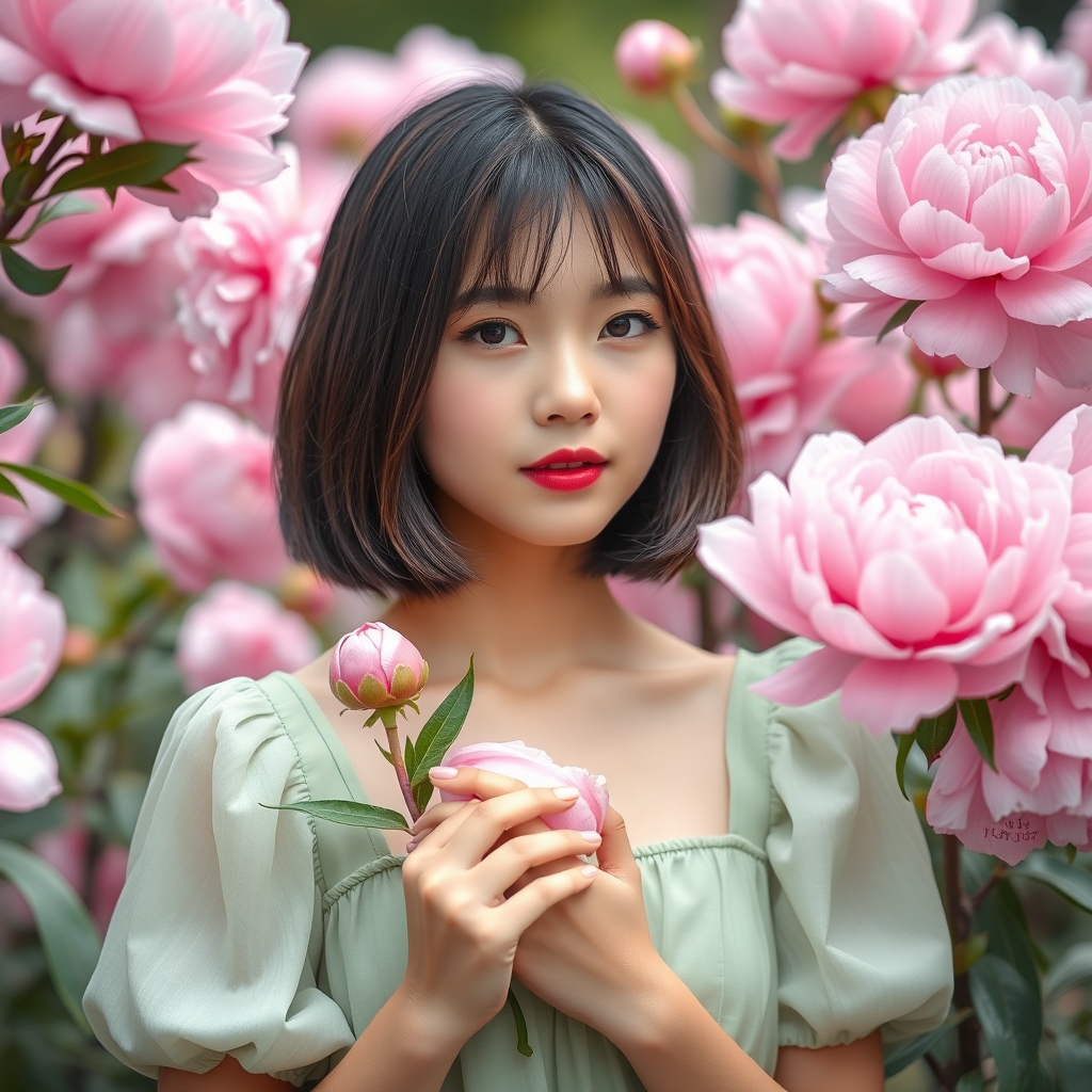 An Asian teenager with a short bob haircut, wearing a pastel