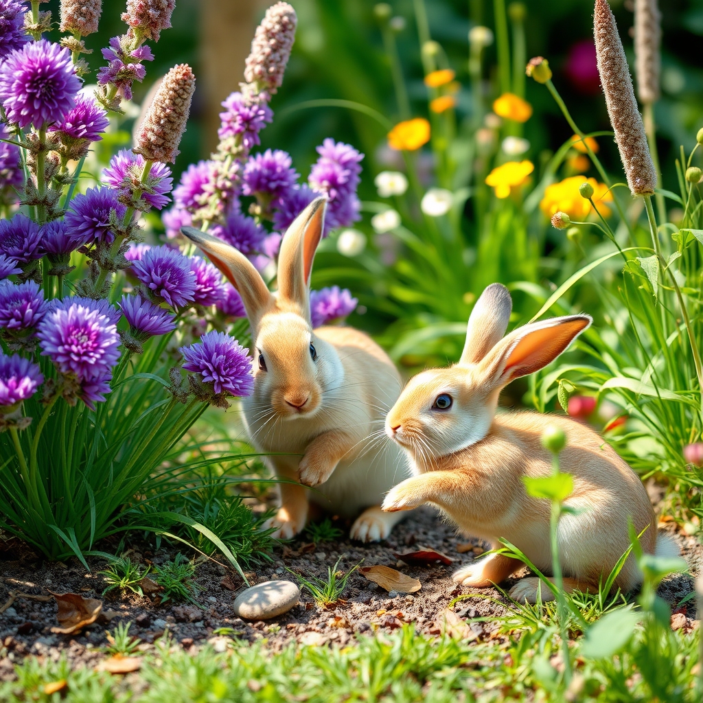 rabbits are playing in the garden