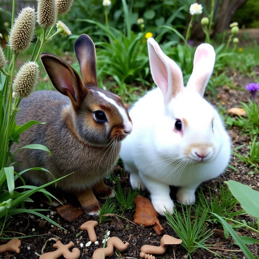 rabbits are playing in the garden