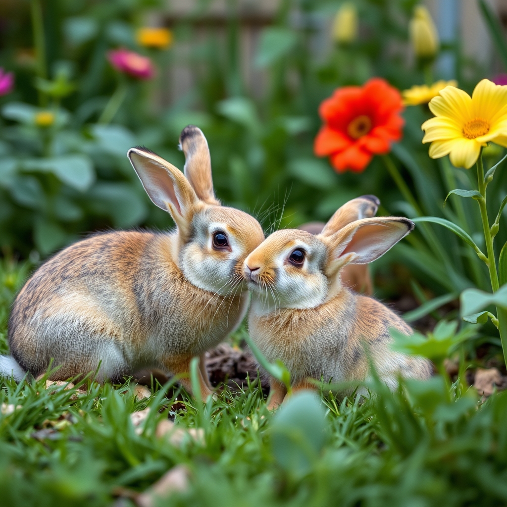 rabbits are playing in the garden