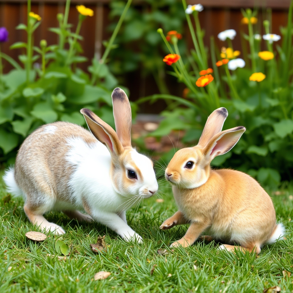 rabbits are playing in the garden