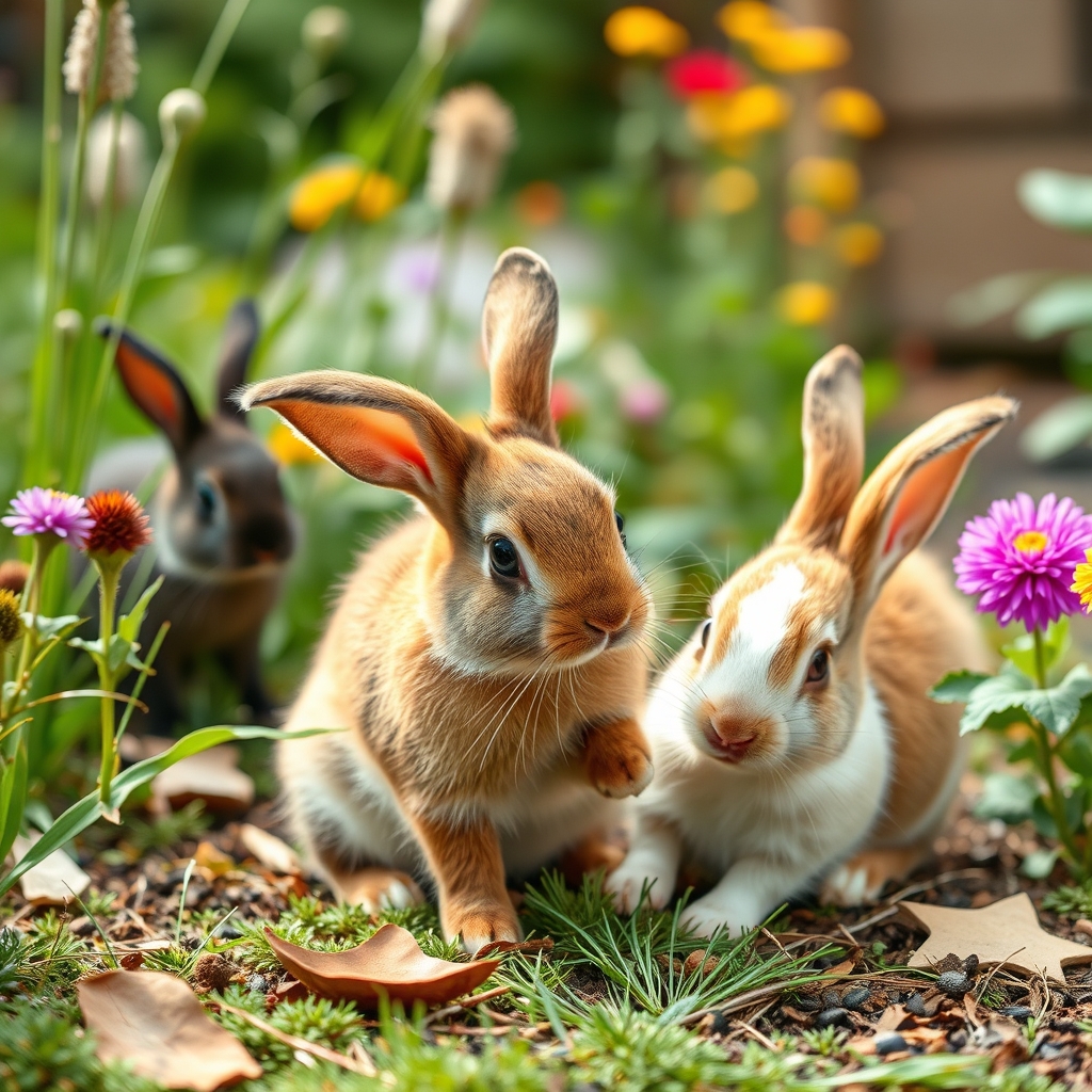 rabbits are playing in the garden