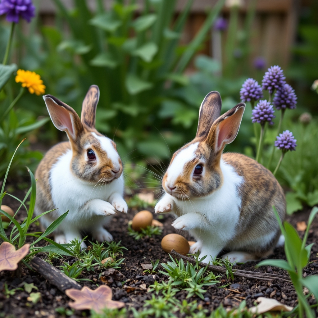 rabbits are playing in the garden