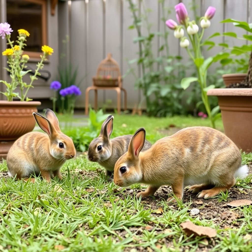 rabbits are playing in the garden