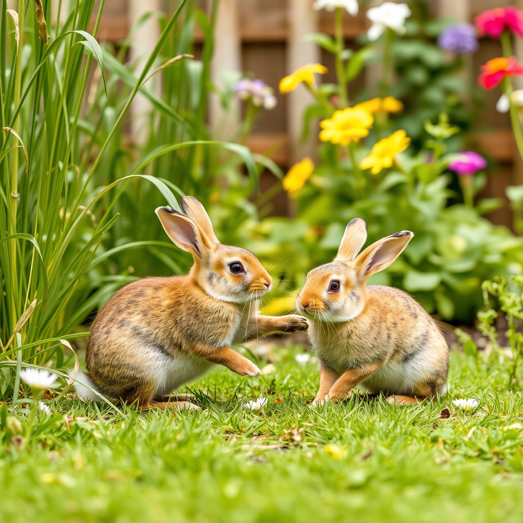 rabbits are playing in the garden
