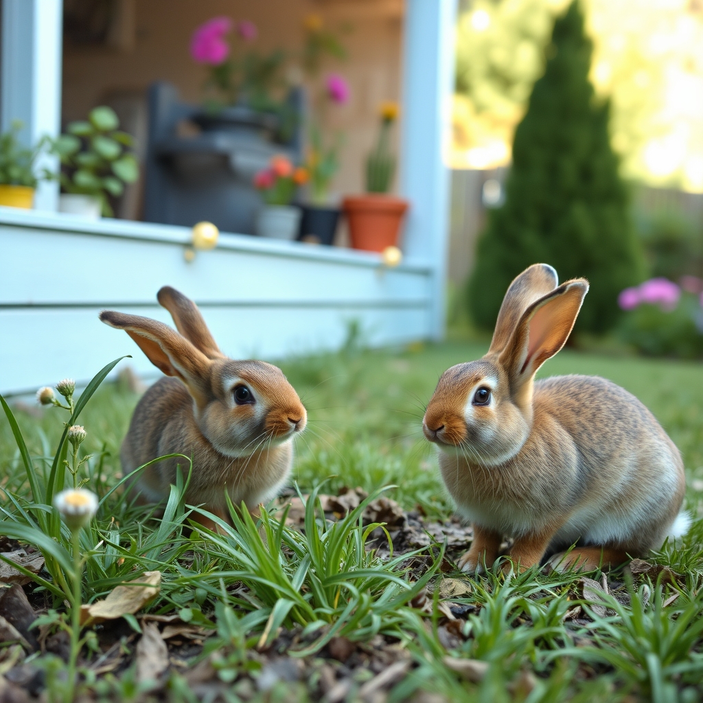 rabbits are playing in the garden