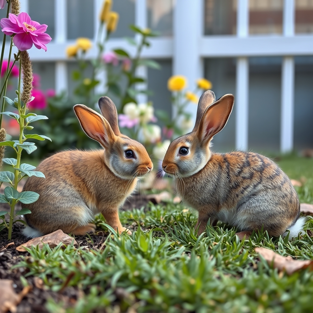 rabbits are playing in the garden