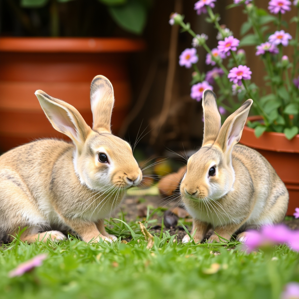 rabbits are playing in the garden