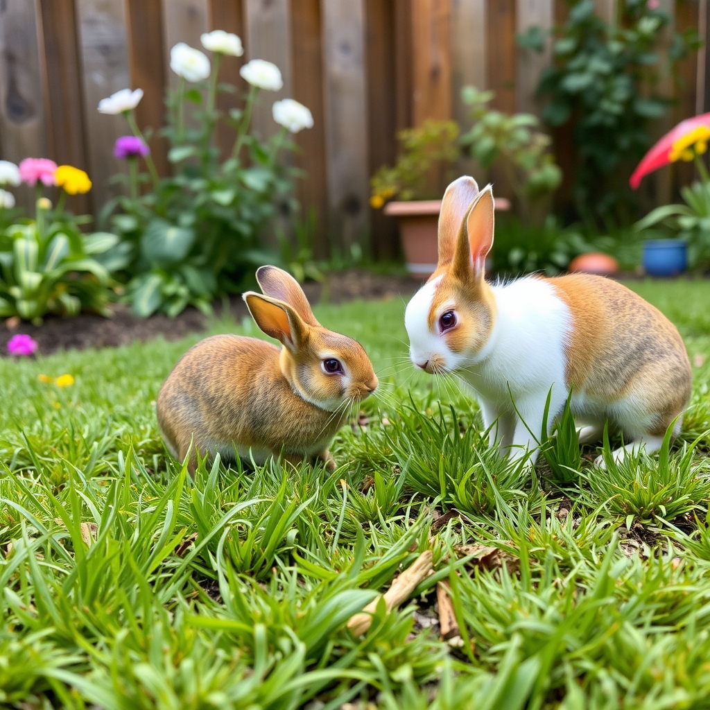rabbits are playing in the garden