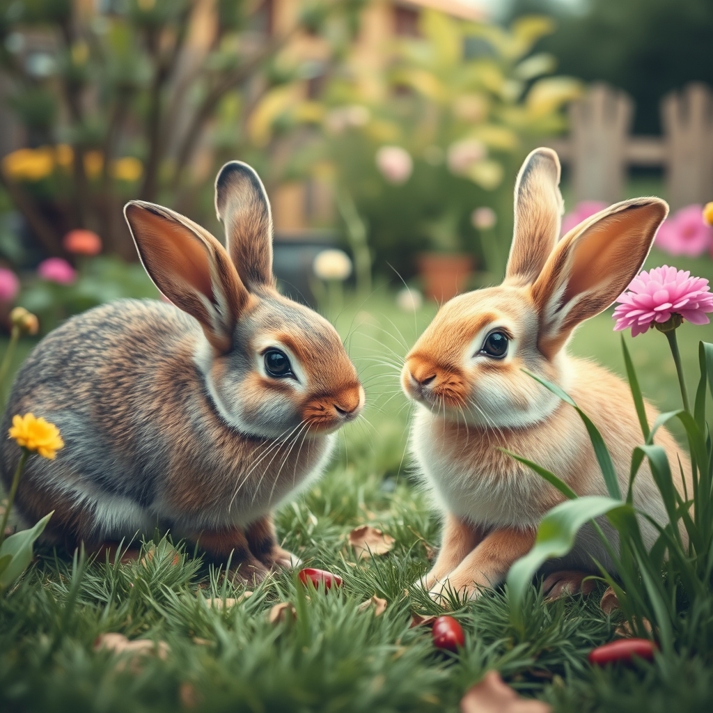 rabbits are playing in the garden