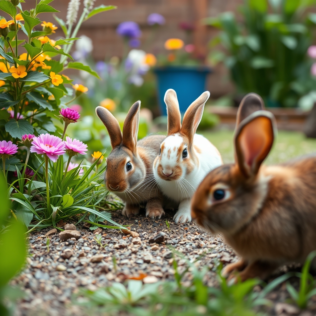 rabbits are playing in the garden