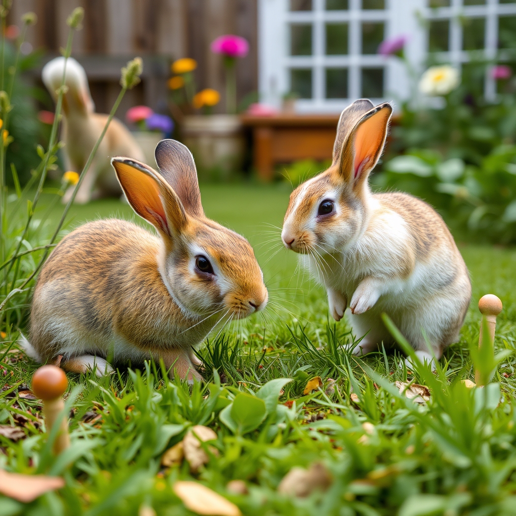 rabbits are playing in the garden
