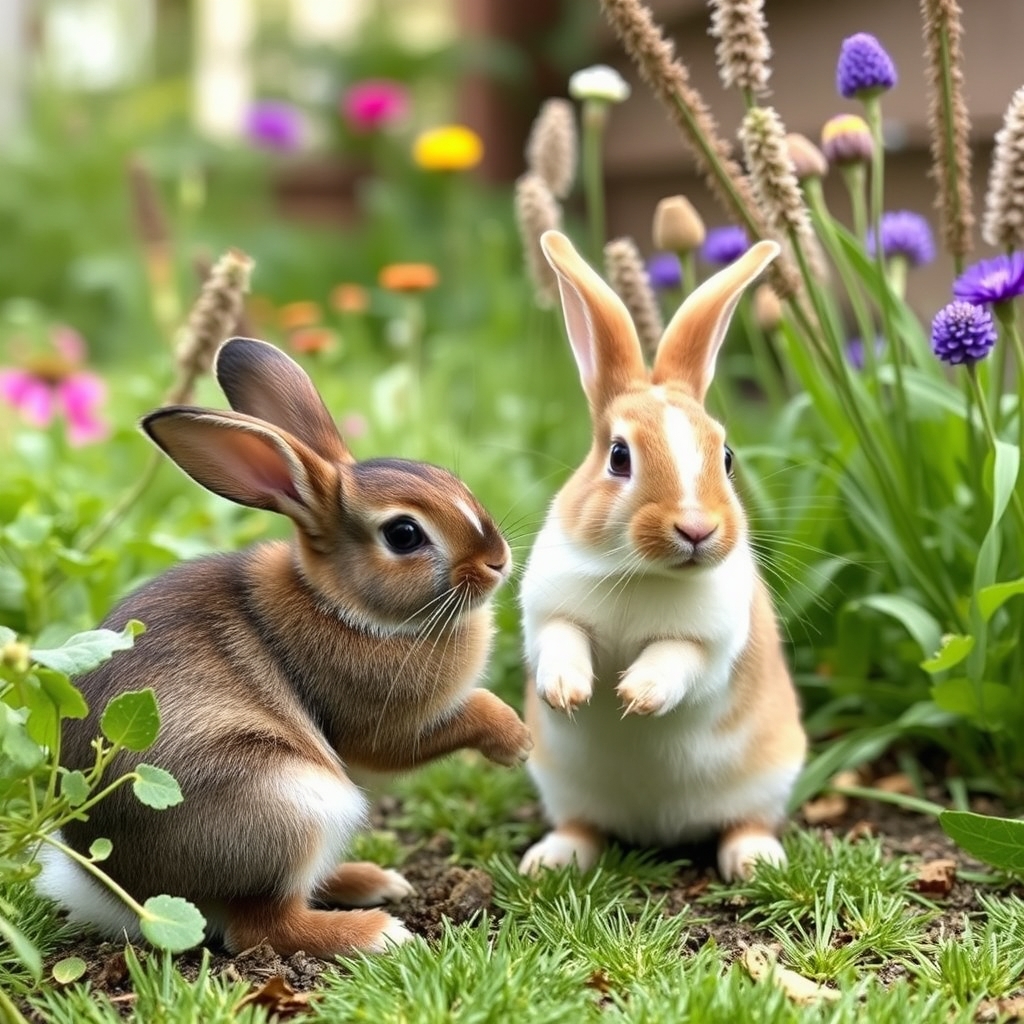 rabbits are playing in the garden