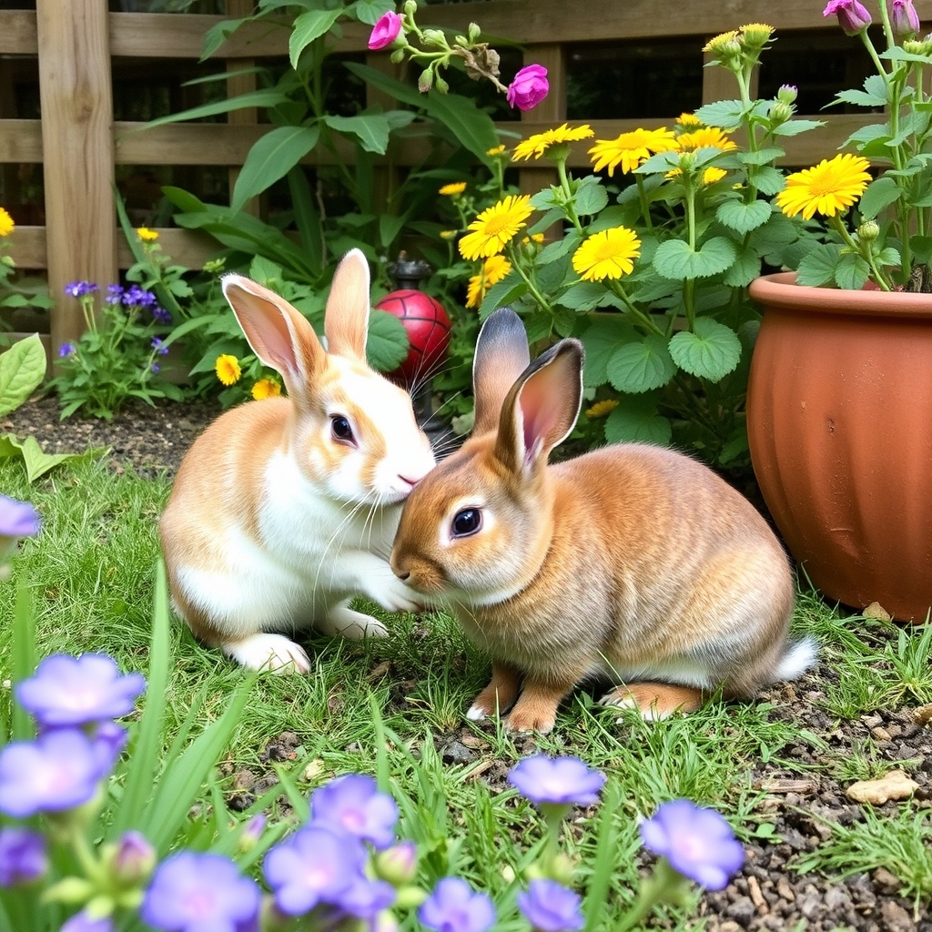 rabbits are playing in the garden