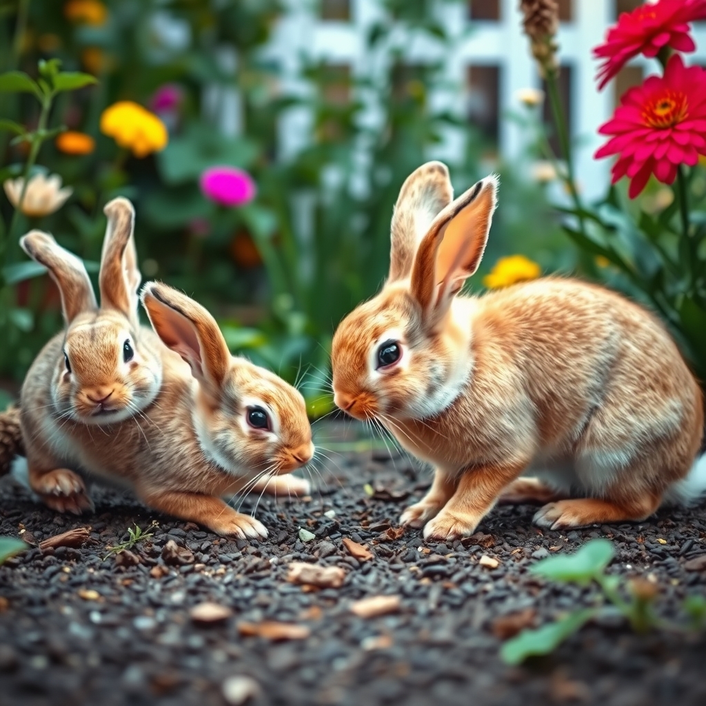 rabbits are playing in the garden