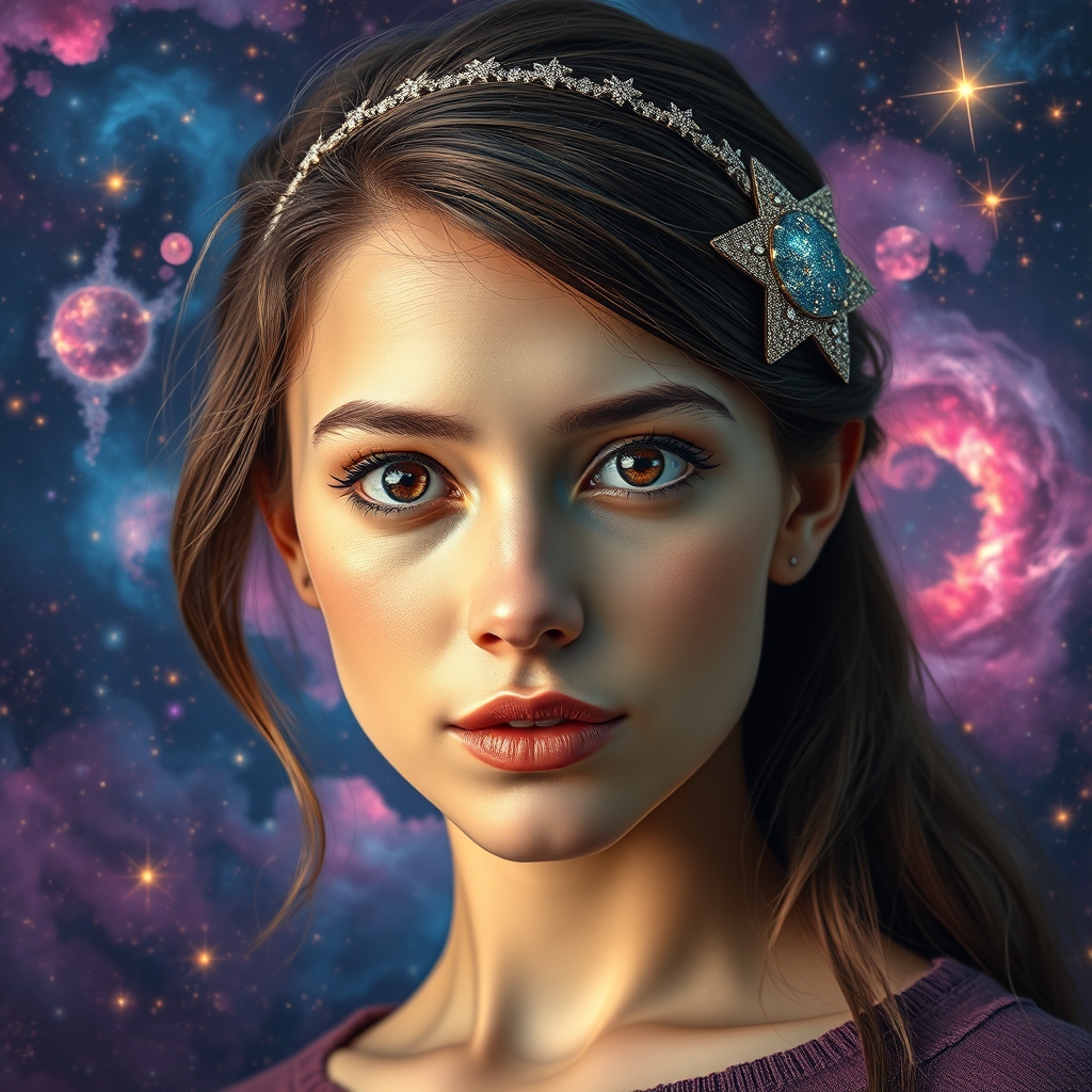 A realistic young woman looking straight ahead, surrounded b