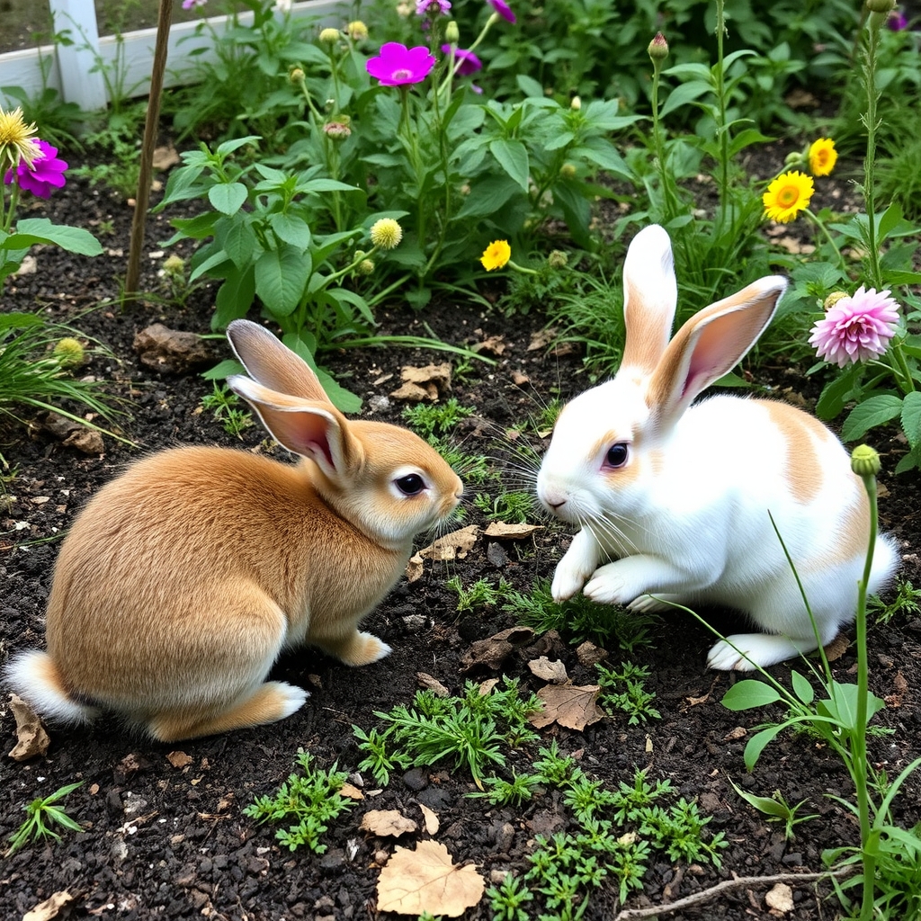 rabbits are playing in the garden