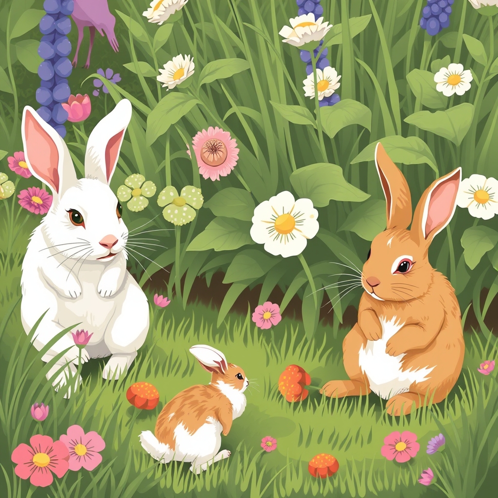 rabbits are playing in the garden