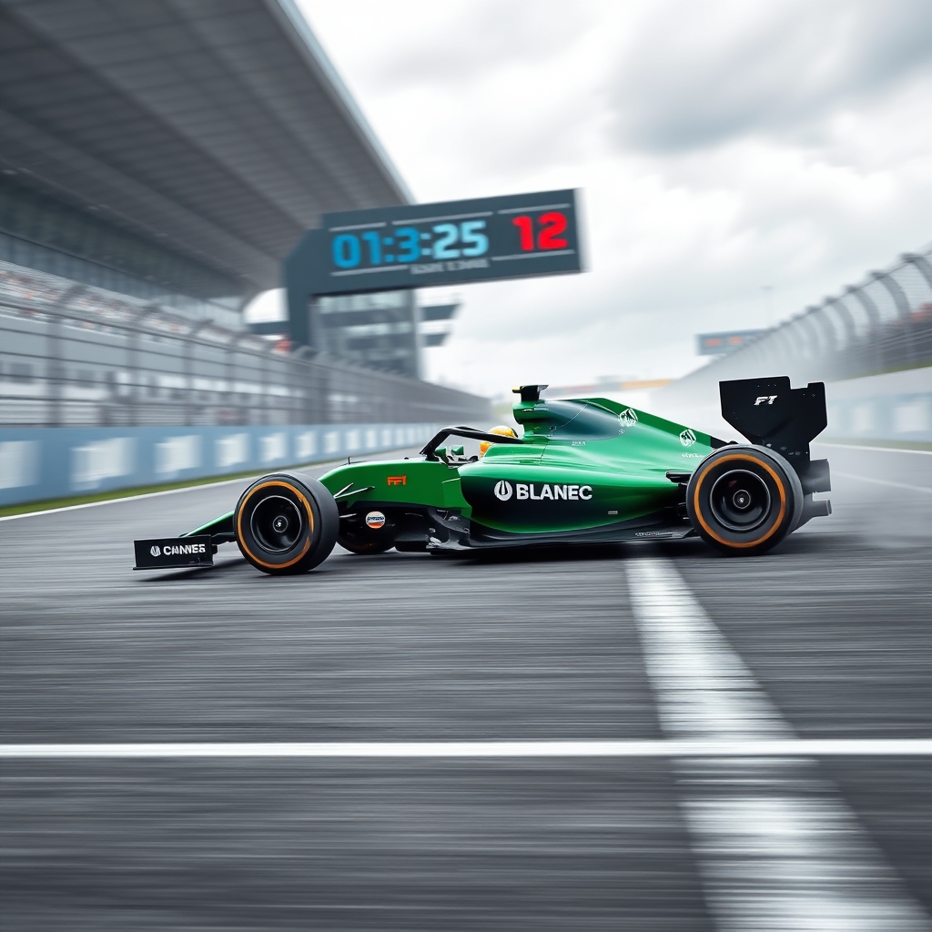 the bule, green F1 car speeds down the F1 track and wins as 