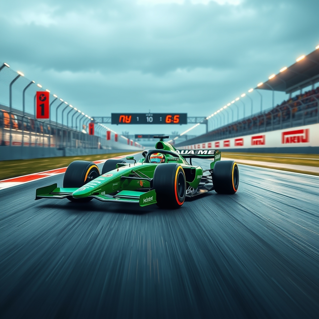the bule and green F1 car speeds down the F1 track and wins 