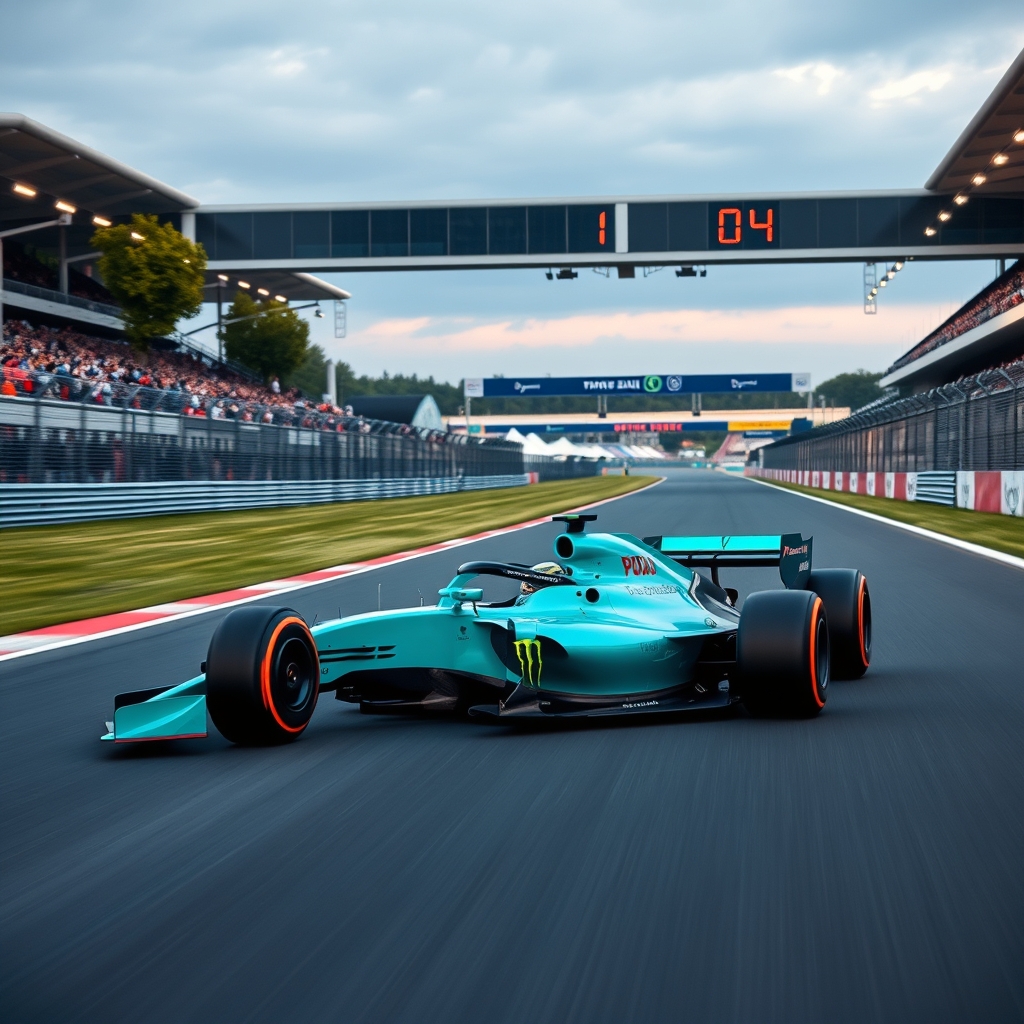 the blue, geen F1 car speeds down the F1 track and wins as s