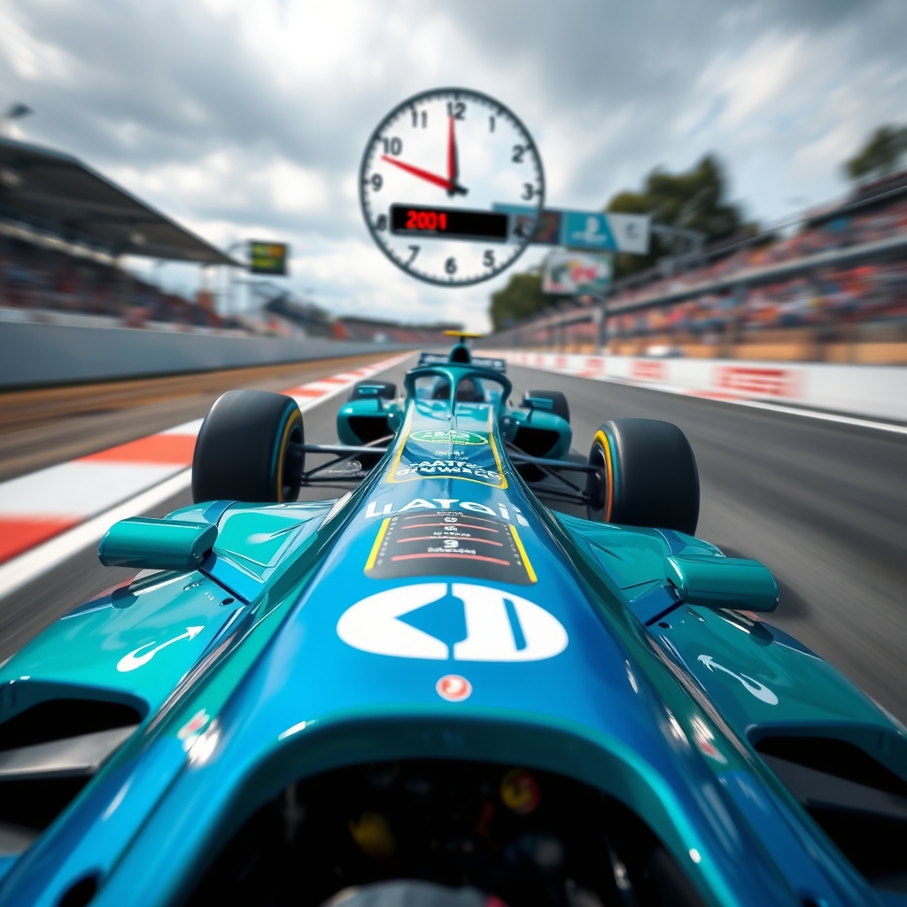 the blue, green F1 car speeds down the F1 track and wins as 
