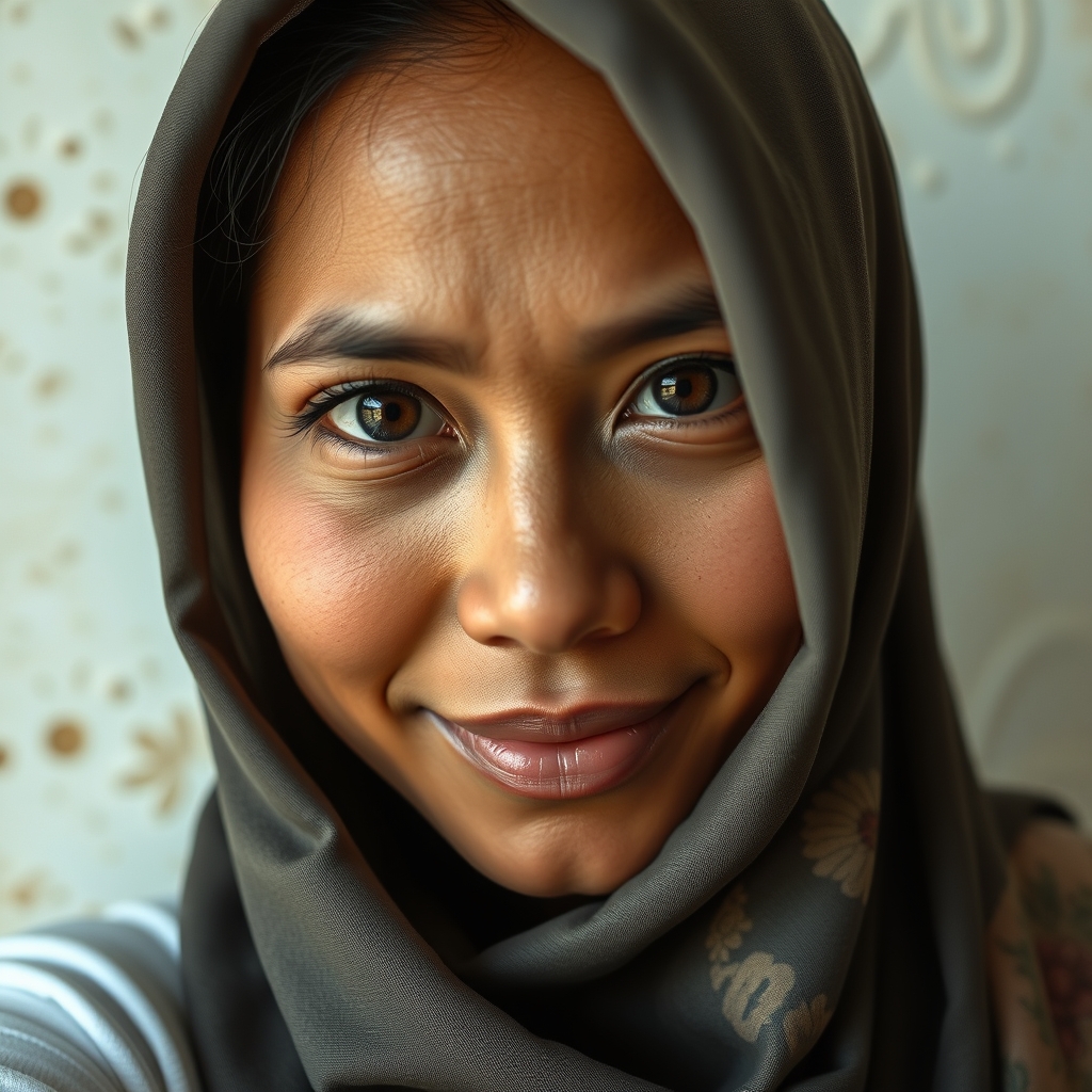 a hyper-realistic photo selfie of an indonesian woman. high 