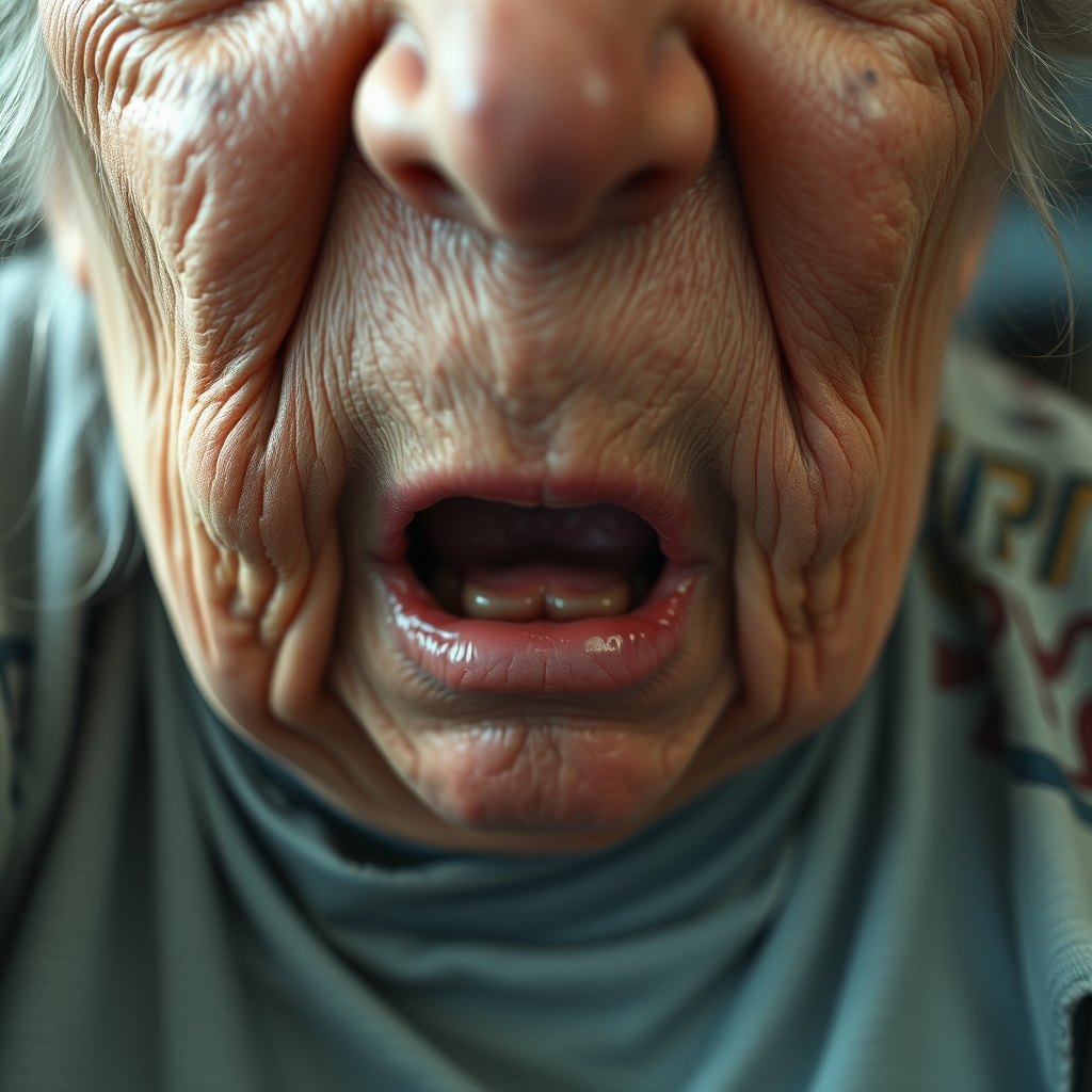 An extreme closeup of a Fat, ugly and stacked 85 year old wo