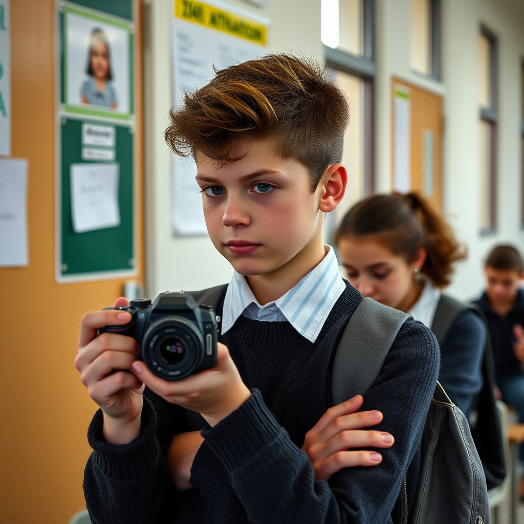 fabio(junge 13 jahre) fotografiert eine madchen in der Schul