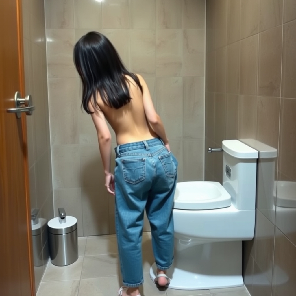 A girl stood on the toilet, he broke open his butt and start