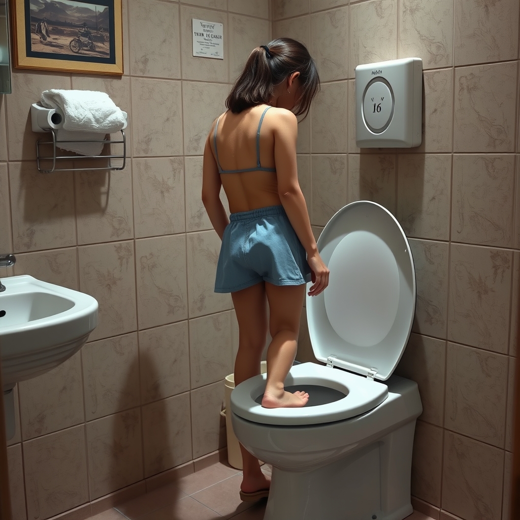 A girl stood on the toilet, he broke open his butt and start