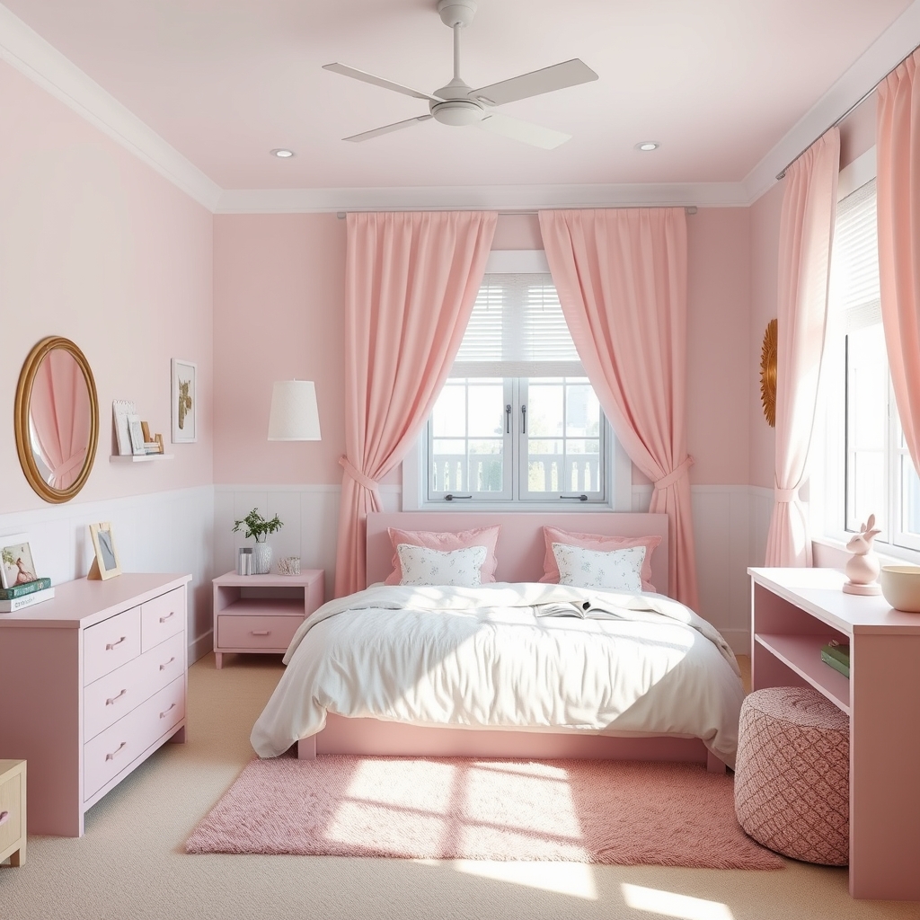 A bedroom with light  pink and white  for 11  year old girl