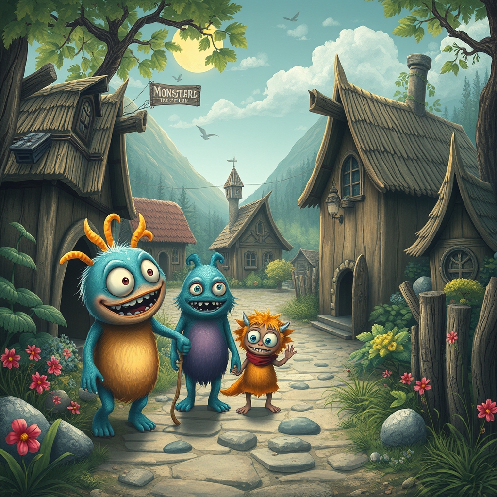 cute monster family visiting a village