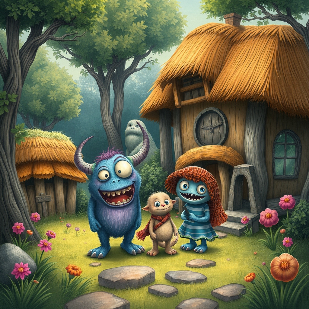 cute monster family visiting a village