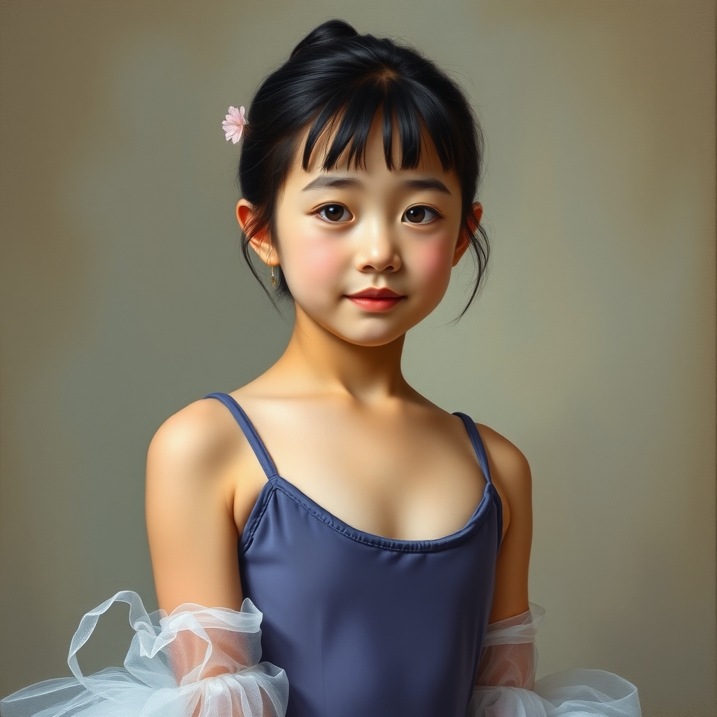 Japanese preteen ballerina, simple leotard, oil painted, oil