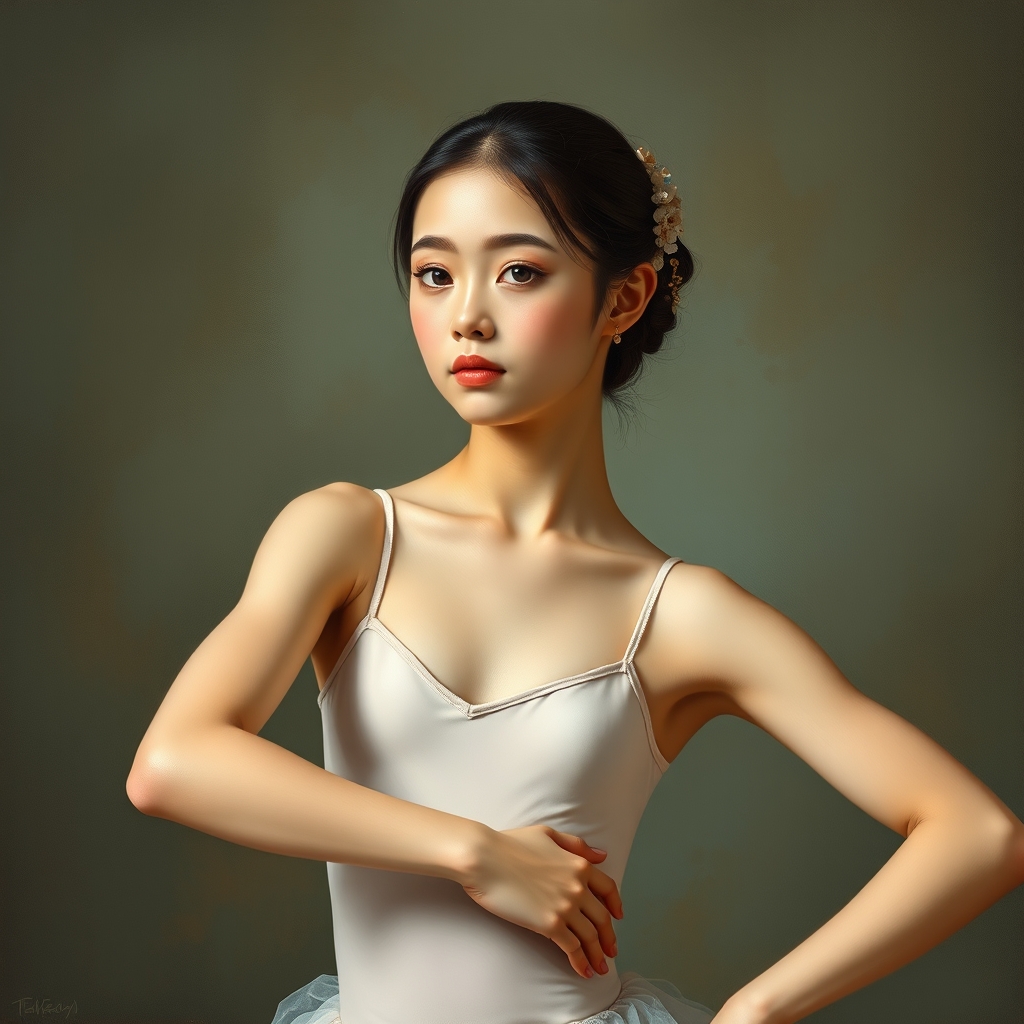 Japanese preteen ballerina, simple thin leotard, oil painted