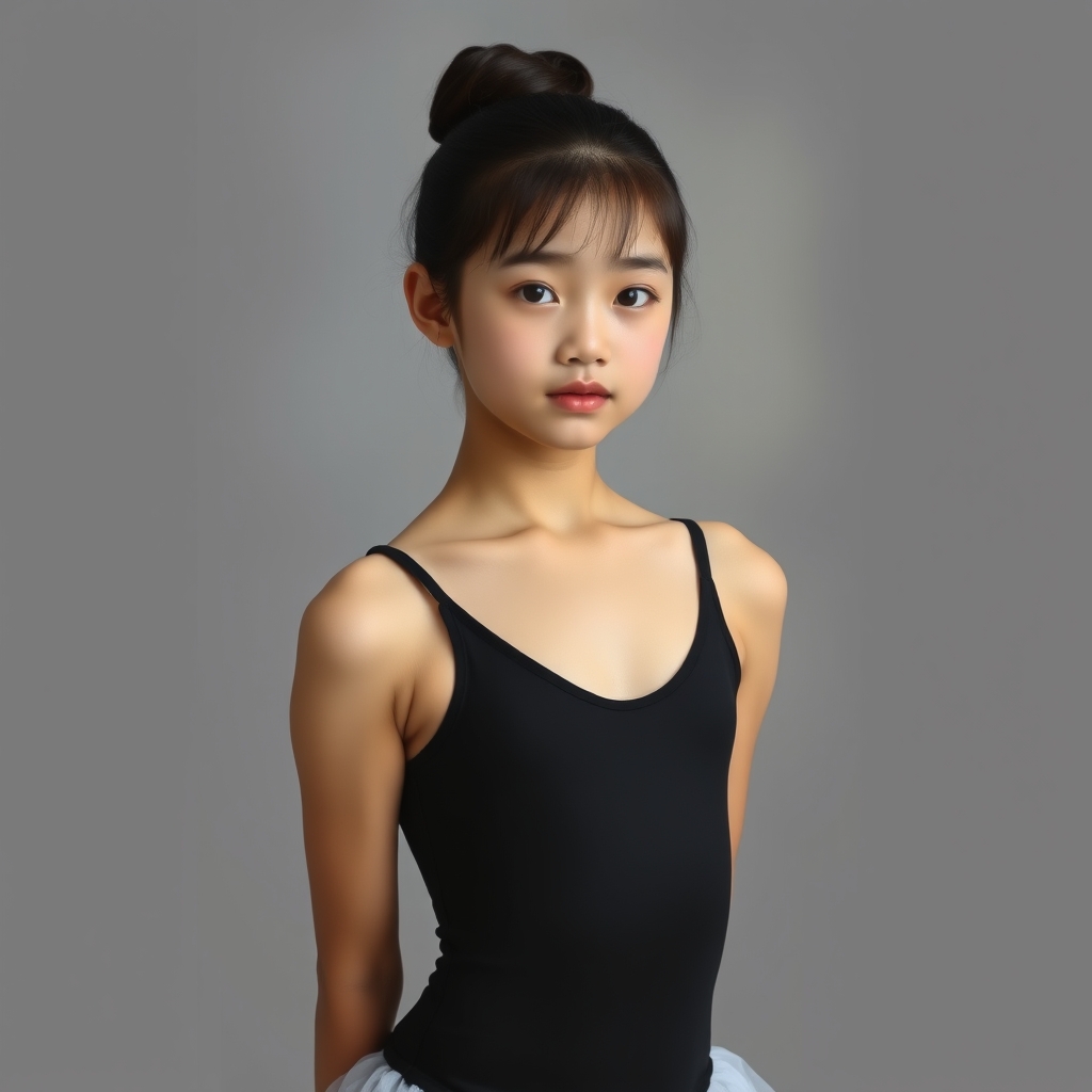 Japanese preteen ballerina, simple thin leotard, oil painted